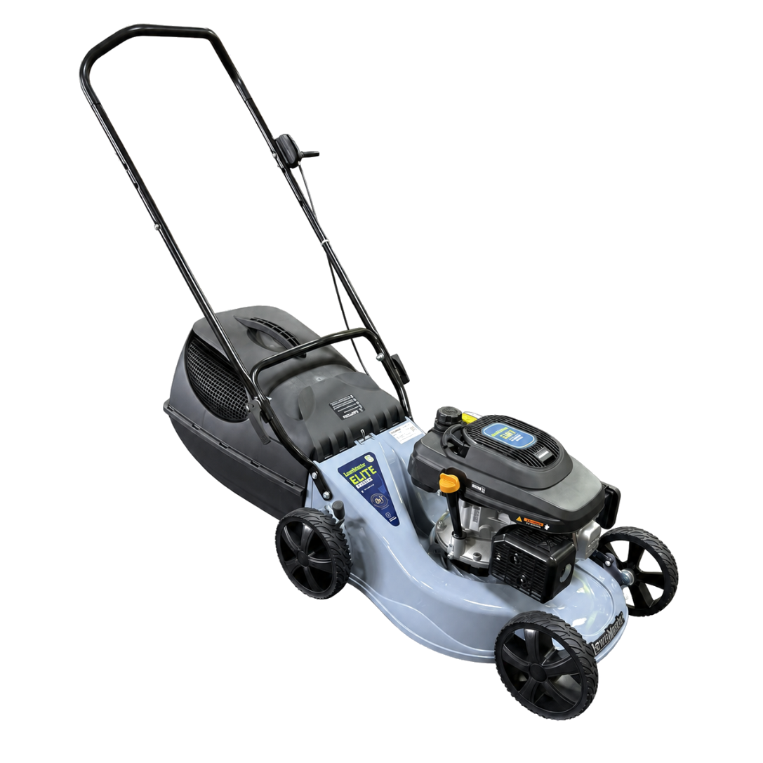 A walk-behind lawn mower with a light blue-gray body, black handle, black wheels, and a black engine housing with a visible spark plug and small yellow accents, isolated on a white background.