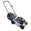 A walk-behind lawn mower with a light blue-gray body, black handle, black wheels, and a black engine housing with a visible spark plug and small yellow accents, isolated on a white background.