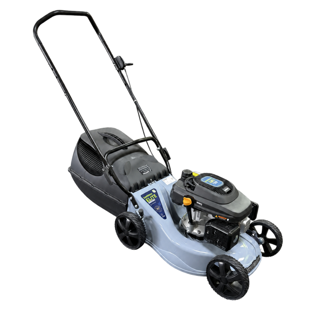 A walk-behind lawn mower with a light blue-gray body, black handle, black wheels, and a black engine housing with a visible spark plug and small yellow accents, isolated on a white background.
